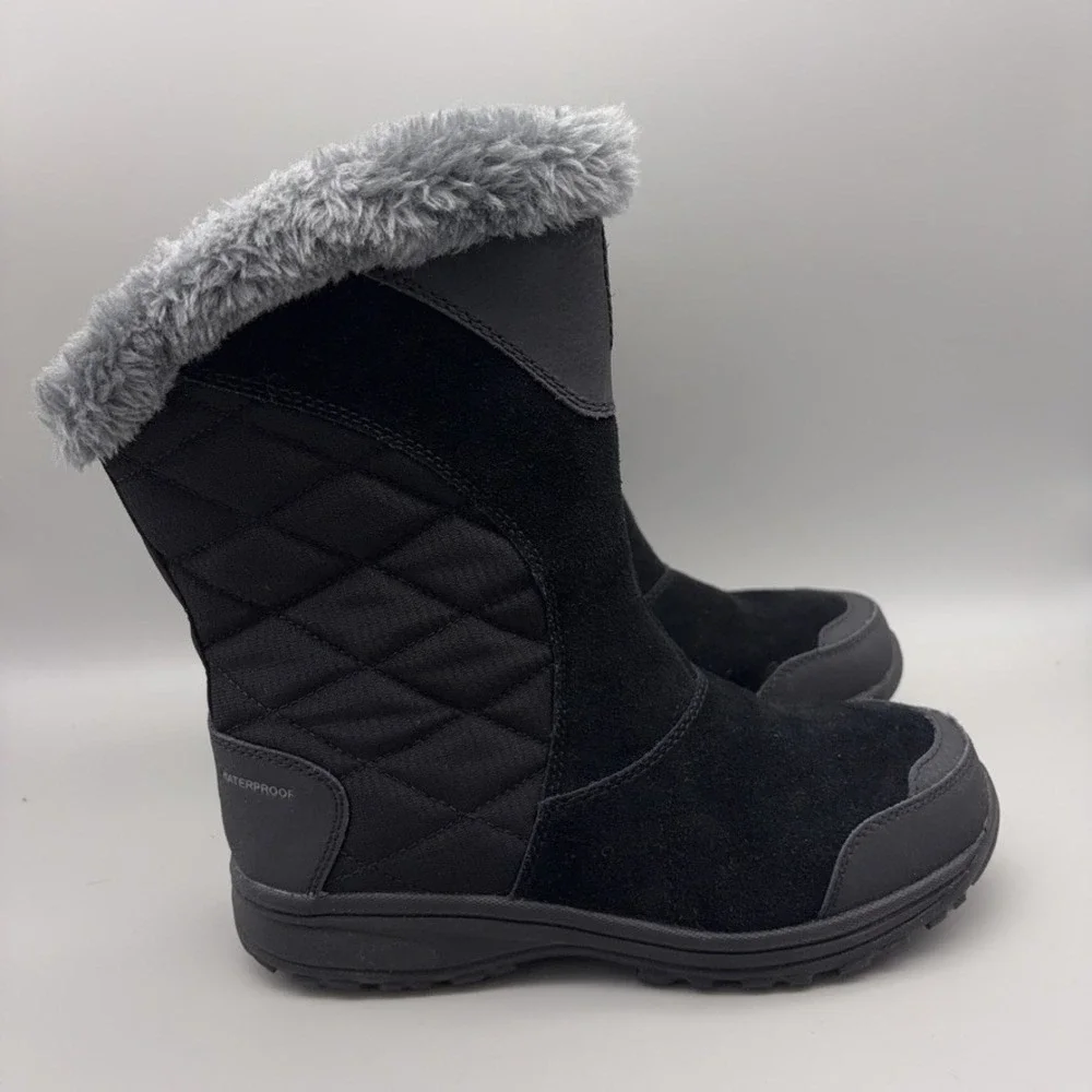Columbia Winter Boots Women 7 Black Maiden II Quilted Waterproof Faux Fur Trim